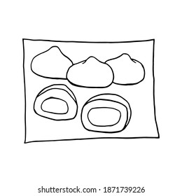 Vector hand drawn doodle mochi ice cream. Japanese rice dessert. Design sketch element for menu cafe, restaurant, label and packaging. Illustration on a white background.