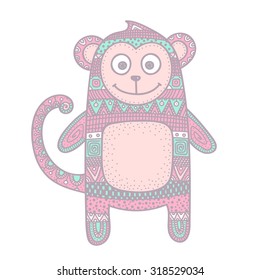 Vector hand drawn doodle monkey. Figure with abstract ornament. Ethnic tribal animal. Cute design for children. Pastel colors - pink, mint, grey.