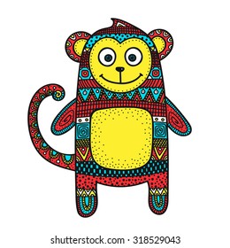 Vector hand drawn doodle monkey. Figure with abstract ornament. Ethnic tribal animal. Cute design for children. Bright colors - red, yellow, blue.