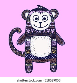 Vector hand drawn doodle monkey. Figure with abstract ornament. Ethnic tribal animal. Cute design for children. Pink, yellow, brown and white colors.