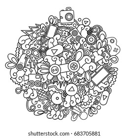 Vector hand drawn doodle of multimedia, video gaming, let's play and cinema for cover design, business card, envelope, letterhead, brochure and book. Realistic corporate identity brand template.