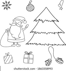 Vector hand drawn doodle. New Year set with Santa Clause, Christmas tree, mittens, gifts, snowflake, balls