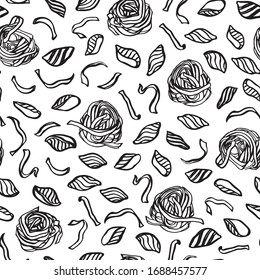 Vector hand drawn doodle noodle pattern with italian pasta and noodle nest. Homemade yummy design for restaurant, kitchen, menu card, cookery and food packaging.