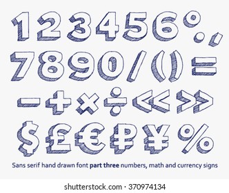 Vector hand drawn doodle numbers, mathematical  and money signs