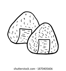Doodle onigiri dibujado a mano por vectores. Cocina japonesa. Diseñar un boceto para la cafetería de menú, el restaurante, la etiqueta y el embalaje. Ilustración en un fondo blanco.