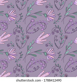 Flores de patrón sin costuras en un fondo beige, dibujadas a mano con vectores, para el diseño de tela, papel tapizado, bufanda en colores pastel