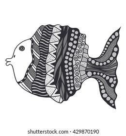 Vector hand drawn doodle outline fish illustration. Decorative fish drawing with abstract ornaments