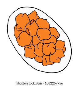 Vector hand drawn doodle pakora. Indian dessert. Design sketch element for menu cafe, restaurant, label and packaging. Colorful illustration on a white background.