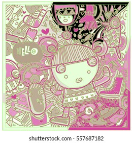 Vector Hand Drawn of Doodle party background. Greeting card design template with girl illustration. Pattern and wallpaper for fabric print.