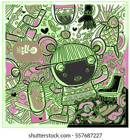 Vector Hand Drawn of Doodle party background. Greeting card design template with girl illustration. Pattern and wallpaper for fabric print.