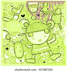 Vector Hand Drawn of Doodle party background. Greeting card design template with girl illustration. Pattern and wallpaper for fabric print.