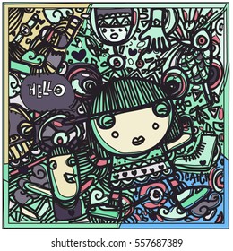 Vector Hand Drawn of Doodle party background. Greeting card design template with girl illustration. Pattern and wallpaper for fabric print.