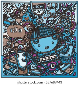 Vector Hand Drawn of Doodle party background. Greeting card design template with girl illustration. Pattern and wallpaper for fabric print.