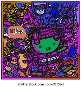 Vector Hand Drawn of Doodle party background. Greeting card design template with girl illustration. Pattern and wallpaper for fabric print.
