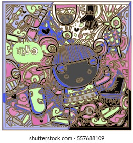 Vector Hand Drawn of Doodle party background. Greeting card design template with girl illustration. Pattern and wallpaper for fabric print.