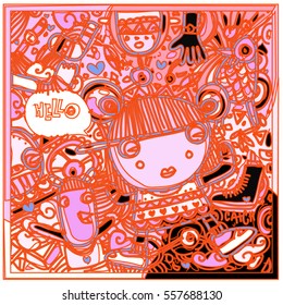 Vector Hand Drawn of Doodle party background. Greeting card design template with girl illustration. Pattern and wallpaper for fabric print.