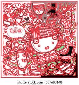 Vector Hand Drawn of Doodle party background. Greeting card design template with girl illustration. Pattern and wallpaper for fabric print.