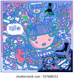 Vector Hand Drawn of Doodle party background. Greeting card design template with girl illustration. Pattern and wallpaper for fabric print.