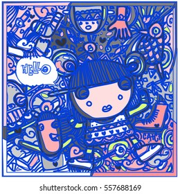 Vector Hand Drawn of Doodle party background. Greeting card design template with girl illustration. Pattern and wallpaper for fabric print.