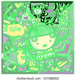 Vector Hand Drawn of Doodle party background. Greeting card design template with girl illustration. Pattern and wallpaper for fabric print.