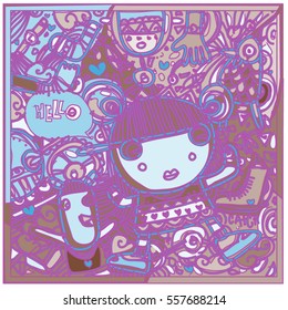 Vector Hand Drawn of Doodle party background. Greeting card design template with girl illustration. Pattern and wallpaper for fabric print.