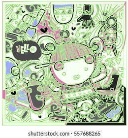 Vector Hand Drawn of Doodle party background. Greeting card design template with girl illustration. Pattern and wallpaper for fabric print.