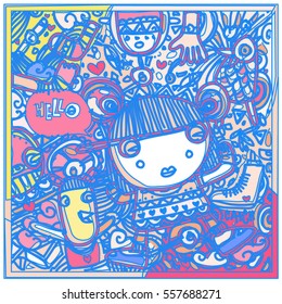 Vector Hand Drawn of Doodle party background. Greeting card design template with girl illustration. Pattern and wallpaper for fabric print.