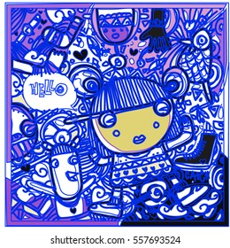 Vector Hand Drawn of Doodle party background. Greeting card design template with girl illustration. Pattern and wallpaper for fabric print.