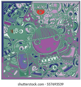 Vector Hand Drawn of Doodle party background. Greeting card design template with girl illustration. Pattern and wallpaper for fabric print.