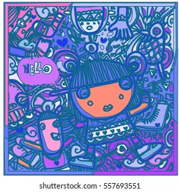 Vector Hand Drawn of Doodle party background. Greeting card design template with girl illustration. Pattern and wallpaper for fabric print.