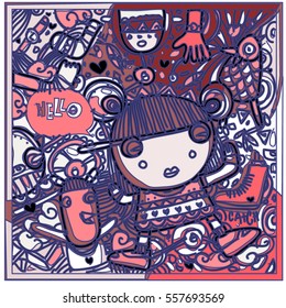 Vector Hand Drawn of Doodle party background. Greeting card design template with girl illustration. Pattern and wallpaper for fabric print.
