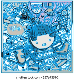Vector Hand Drawn of Doodle party background. Greeting card design template with girl illustration. Pattern and wallpaper for fabric print.