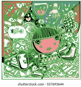Vector Hand Drawn of Doodle party background. Greeting card design template with girl illustration. Pattern and wallpaper for fabric print.