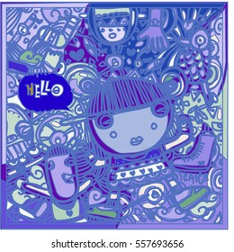 Vector Hand Drawn of Doodle party background. Greeting card design template with girl illustration. Pattern and wallpaper for fabric print.