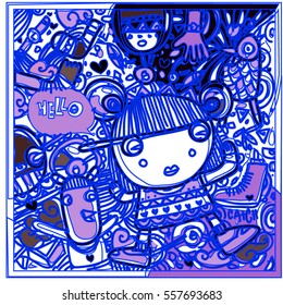Vector Hand Drawn of Doodle party background. Greeting card design template with girl illustration. Pattern and wallpaper for fabric print.