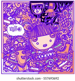 Vector Hand Drawn of Doodle party background. Greeting card design template with girl illustration. Pattern and wallpaper for fabric print.