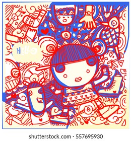 Vector Hand Drawn of Doodle party background. Greeting card design template with girl illustration. Pattern and wallpaper for fabric print.