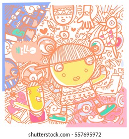 Vector Hand Drawn of Doodle party background. Greeting card design template with girl illustration. Pattern and wallpaper for fabric print.
