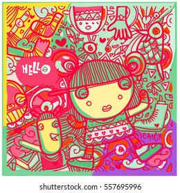 Vector Hand Drawn of Doodle party background. Greeting card design template with girl illustration. Pattern and wallpaper for fabric print.