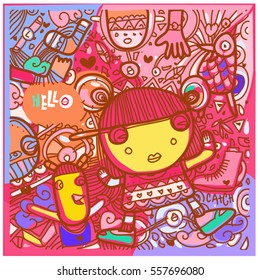 Vector Hand Drawn of Doodle party background. Greeting card design template with girl illustration. Pattern and wallpaper for fabric print.