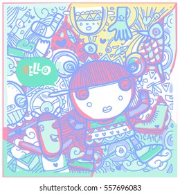 Vector Hand Drawn of Doodle party background. Greeting card design template with girl illustration. Pattern and wallpaper for fabric print.