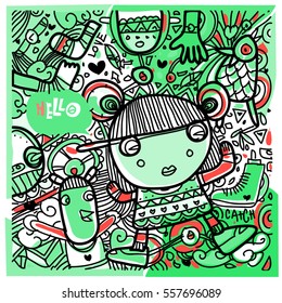 Vector Hand Drawn of Doodle party background. Greeting card design template with girl illustration. Pattern and wallpaper for fabric print.