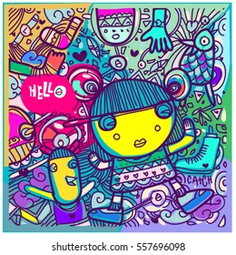 Vector Hand Drawn of Doodle party background. Greeting card design template with girl illustration. Pattern and wallpaper for fabric print.