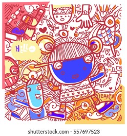 Vector Hand Drawn of Doodle party background. Greeting card design template with girl illustration. Pattern and wallpaper for fabric print.