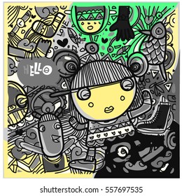 Vector Hand Drawn of Doodle party background. Greeting card design template with girl illustration. Pattern and wallpaper for fabric print.