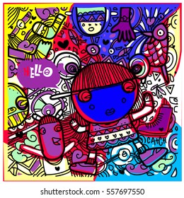 Vector Hand Drawn of Doodle party background. Greeting card design template with girl illustration. Pattern and wallpaper for fabric print.