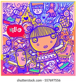 Vector Hand Drawn of Doodle party background. Greeting card design template with girl illustration. Pattern and wallpaper for fabric print.