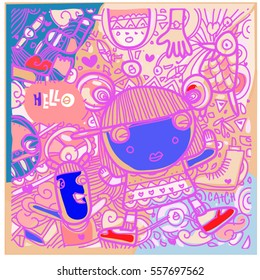 Vector Hand Drawn of Doodle party background. Greeting card design template with girl illustration. Pattern and wallpaper for fabric print.