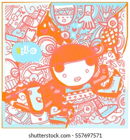 Vector Hand Drawn of Doodle party background. Greeting card design template with girl illustration. Pattern and wallpaper for fabric print.