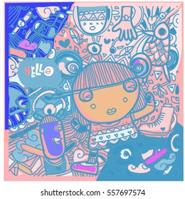 Vector Hand Drawn of Doodle party background. Greeting card design template with girl illustration. Pattern and wallpaper for fabric print.